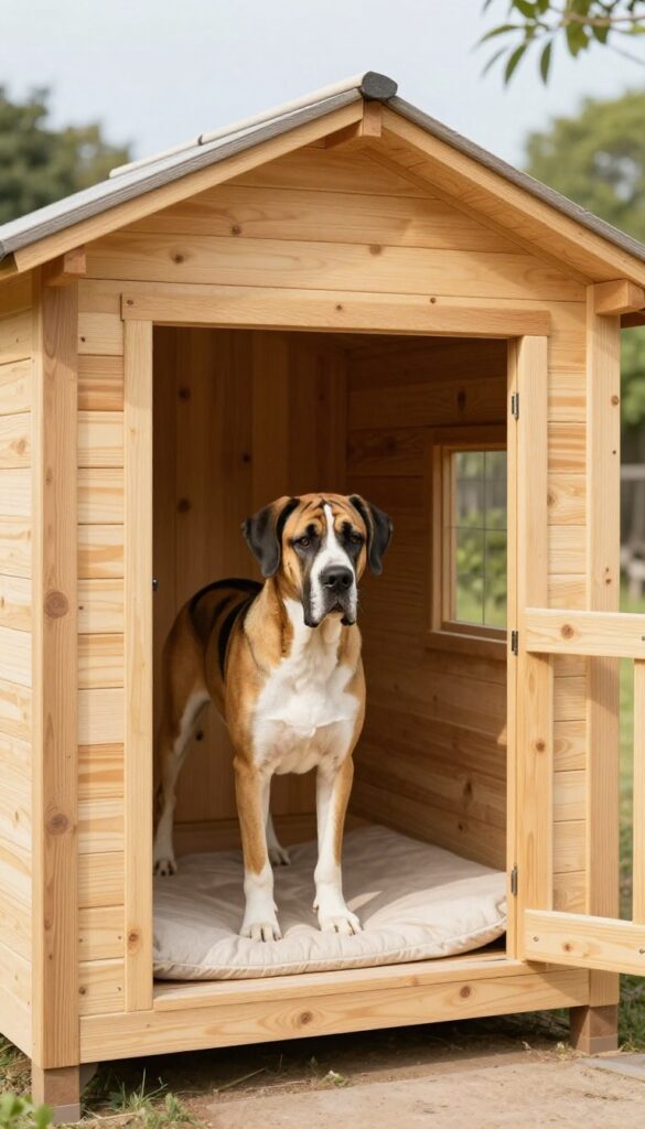 Extra-wide dog house for giant breeds with Great Dane at doorway
