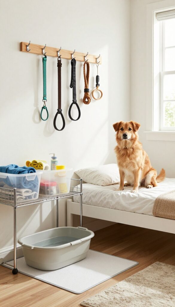 Dog in mudroom closet with low hooks for leashes, boot tray with wash tub, wire shelf with bins, raised bed
