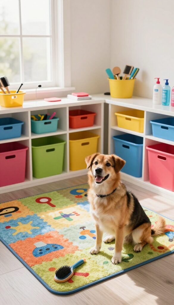 A colorful dog grooming corner in a small apartment space, featuring a vibrant mat and organized storage bins for pet supplies.