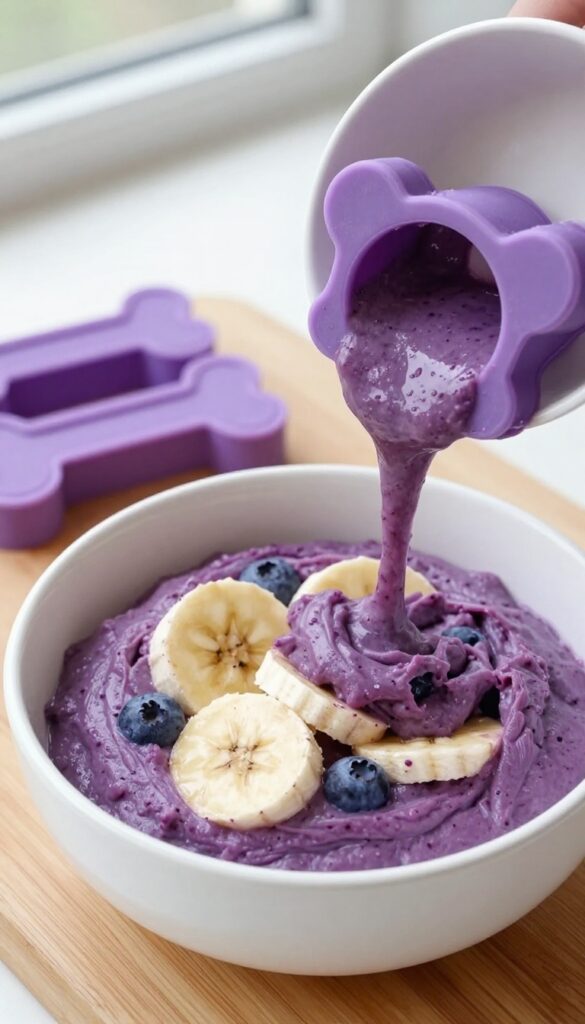 A close-up of a creamy purple banana and blueberry mixture being poured into a silicone mold for frozen dog treats, with whole blueberries and a plain bowl on a wooden cutting board in bright natural light.
