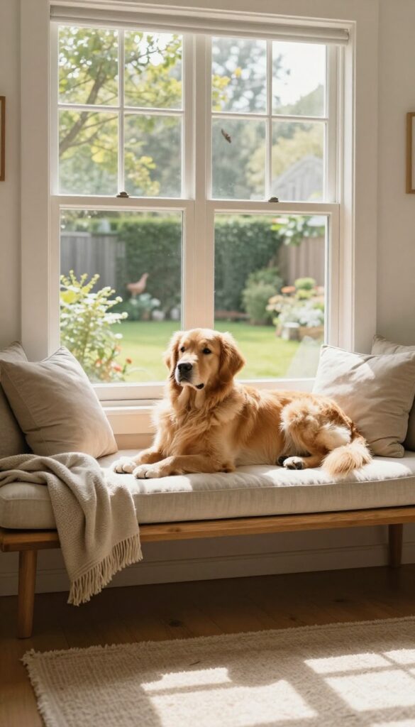 Golden retriever relaxing on a window perch looking outside