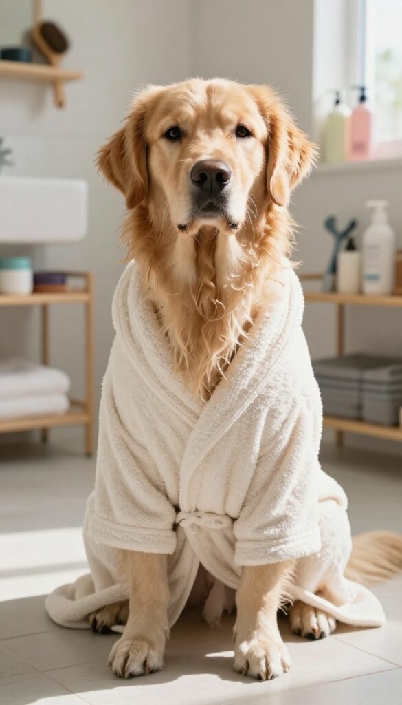 A dog wrapped in a microfiber robe after a bath, sitting in natural light to illustrate the use of drying tools for home grooming.