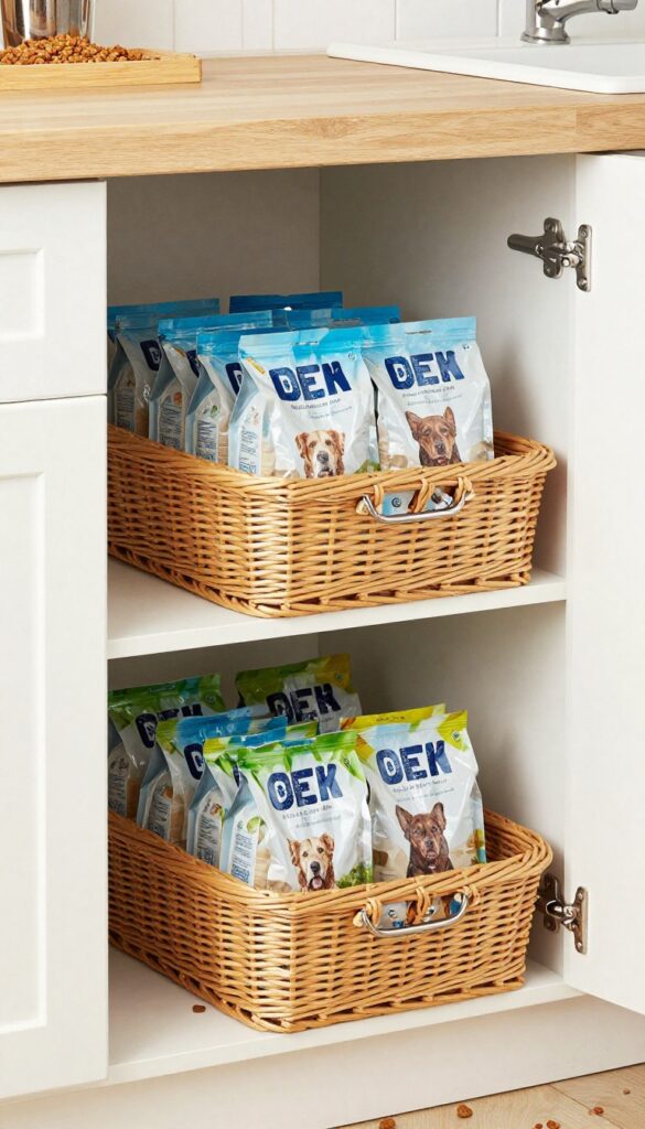 A pull-out basket in a pantry storing dog food bags neatly to hide mess and provide easy access for feeding.