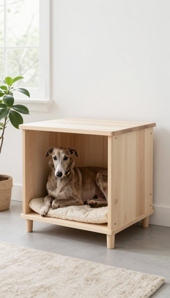 Scandinavian-style dog house made of light wood in a bright room with a greyhound resting inside
