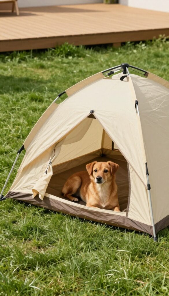 Small brown dog resting in pop-up tent with front shade on sunny lawn