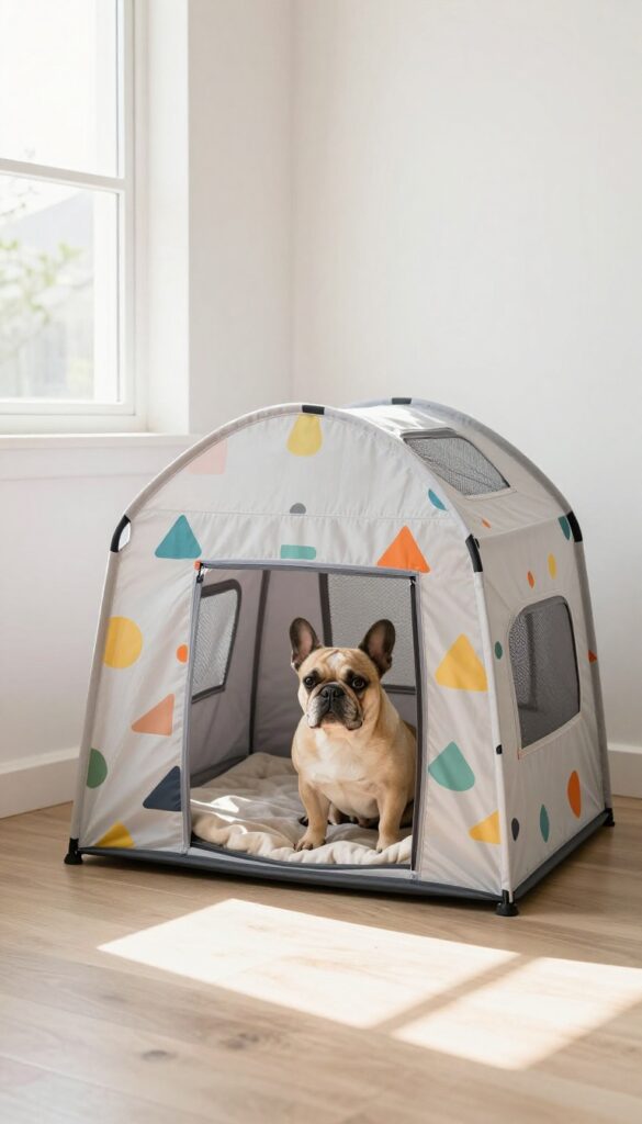 Portable pop-up dog house with mesh windows in a bright living room, small dog peeking out
