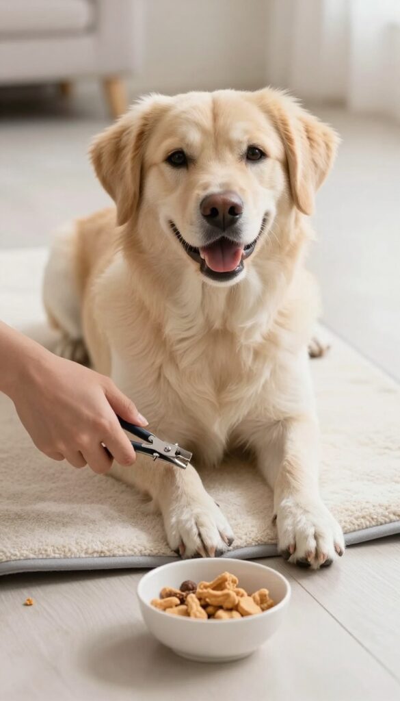 A relaxed dog during a stress-free nail trimming session in a bright, natural setting with grooming tools and treats visible.