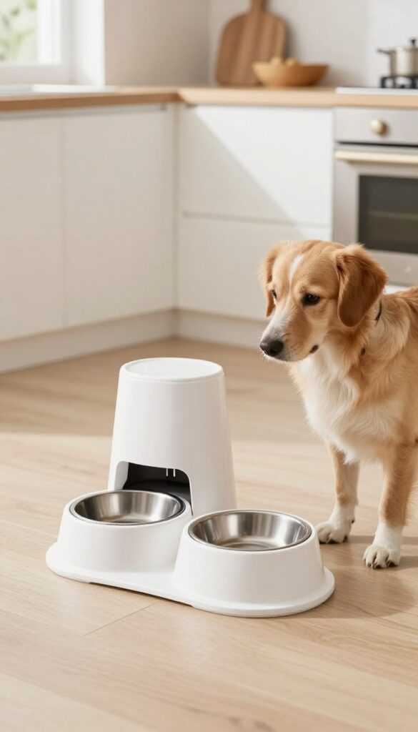 An elevated dog feeder with hidden storage in a bright, clean modern home setting, showcasing smart pet feeding solutions for dog owners.