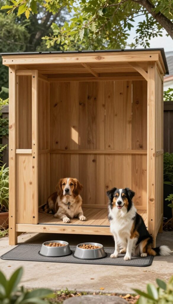 Outdoor dog feeding station with weatherproof cover in a backyard setting.