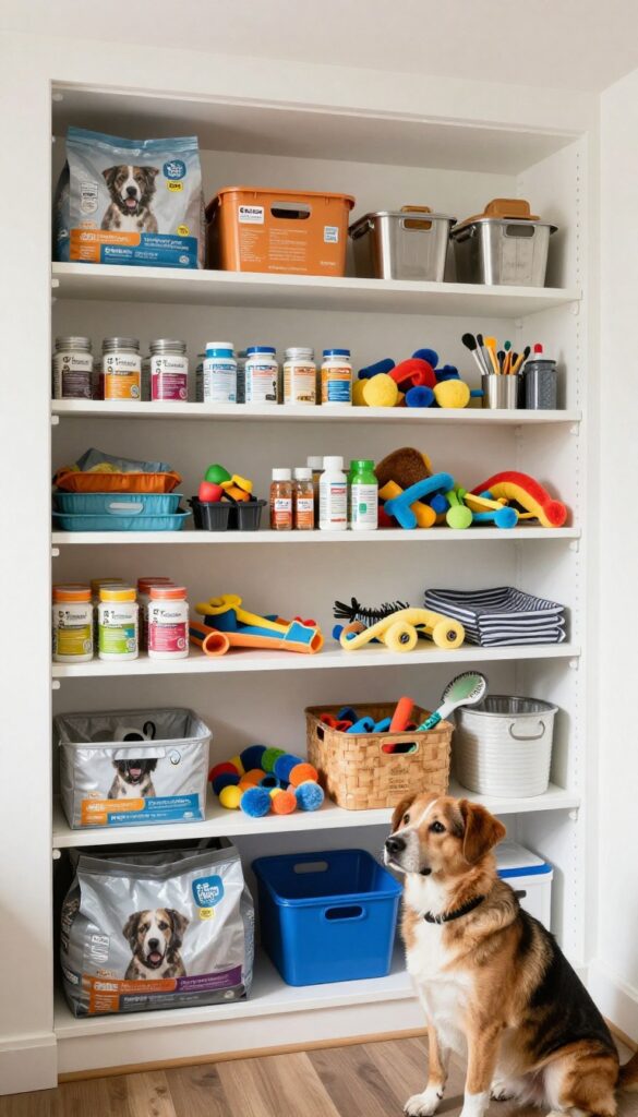 A built-in dog food station inside a closet makeover with shelves and bins organizing dog essentials like food and toys in a bright, clean setting.