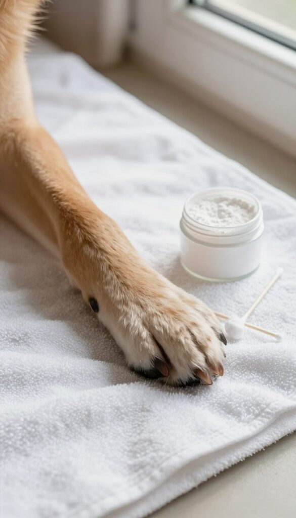 A dog's paw with styptic powder and cotton swab on a white towel, illustrating home grooming tools for nail accidents.