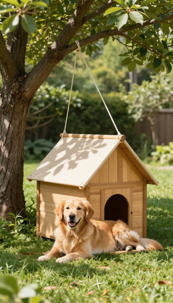 Shade sail canopy over a standard dog house in a sunny backyard with a dog resting in the shade