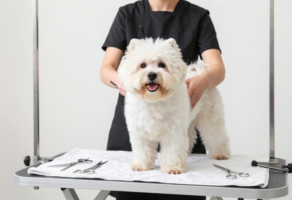 A professional dog groomer carefully using grooming scissors on a fluffy dog in a tidy grooming studio, with an array of scissors displayed nearby.