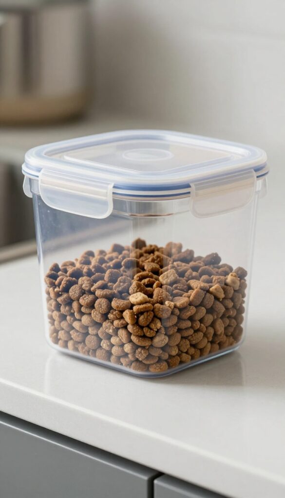 A clear plastic airtight container with dog food on a kitchen counter, showcasing easy monitoring and modern storage.