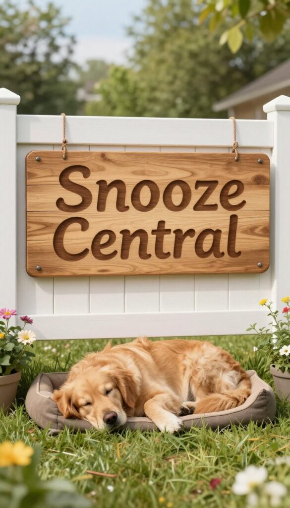 A wooden sign reading Snooze Central in playful script on a white fence, with a sleepy Golden Retriever on a dog bed in a sunny backyard.
