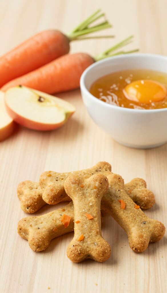 Homemade apple carrot crunch cookies for dogs, with natural ingredients like carrots, apples, applesauce, and an egg, arranged on a wooden surface in bright light.