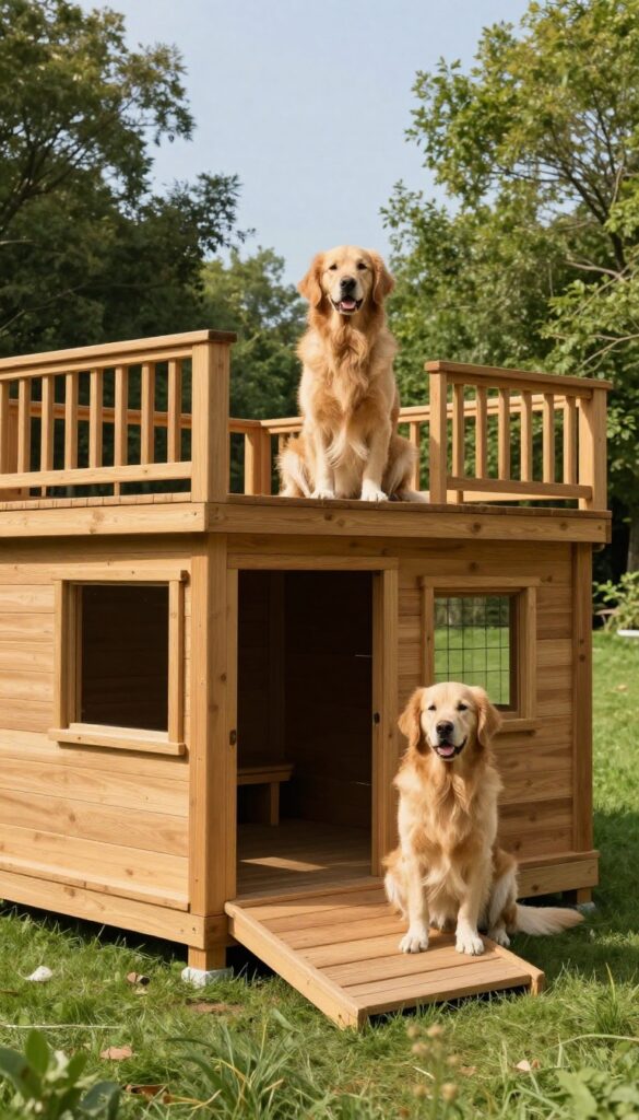 Two-story dog house with viewing deck in sunny backyard, large Golden Retriever sitting on upper deck.