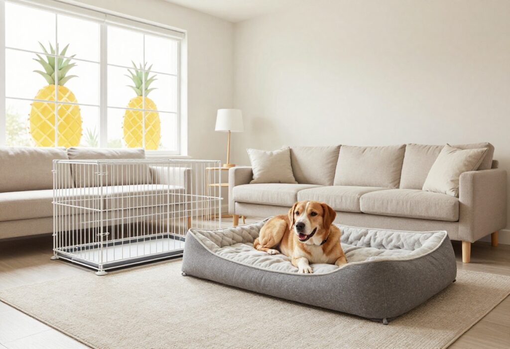 Dog-friendly living room with a stylish dog bed and crate furniture