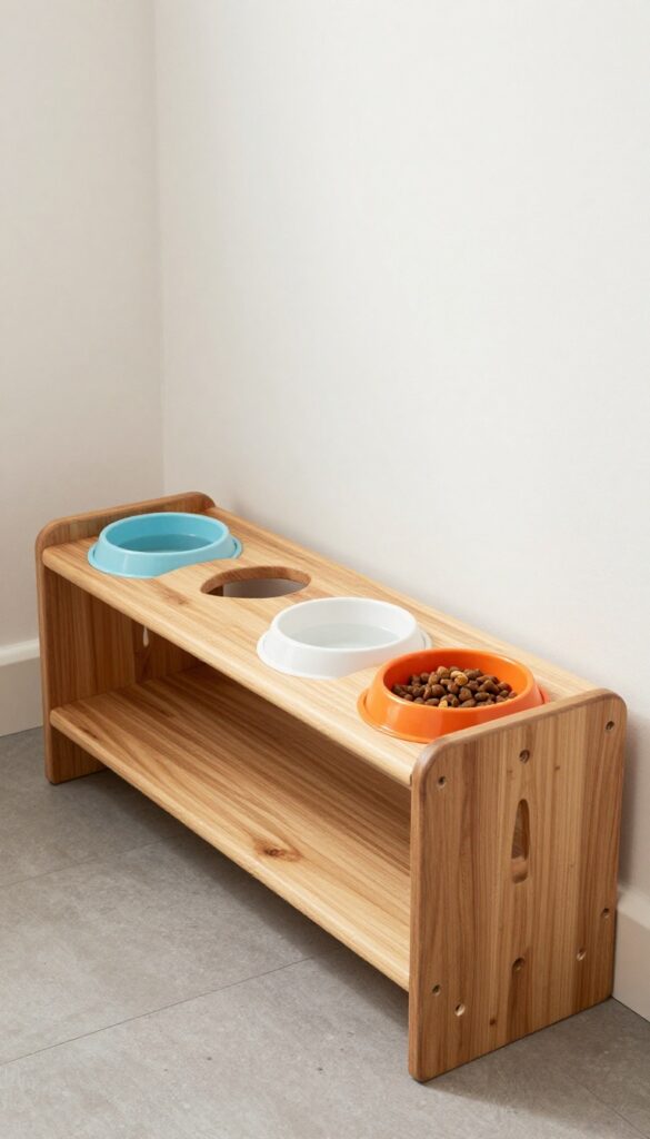 A bench-style dog feeding station with built-in bowls in a bright kitchen nook, designed for tidy mealtime organization.