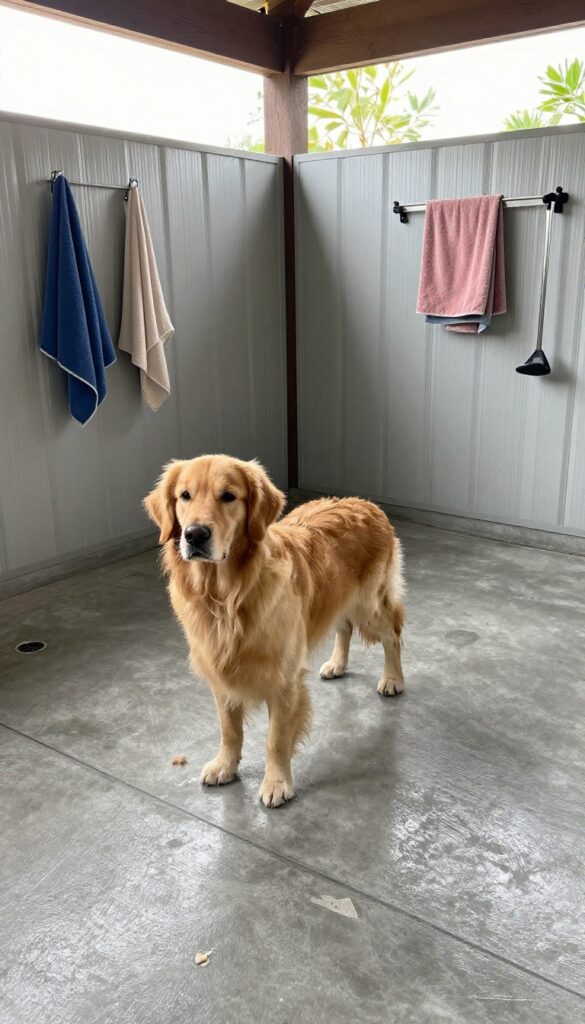 A clean dog grooming shed with easy-to-clean surfaces, featuring a Golden Retriever and wall-mounted tools in bright natural light.