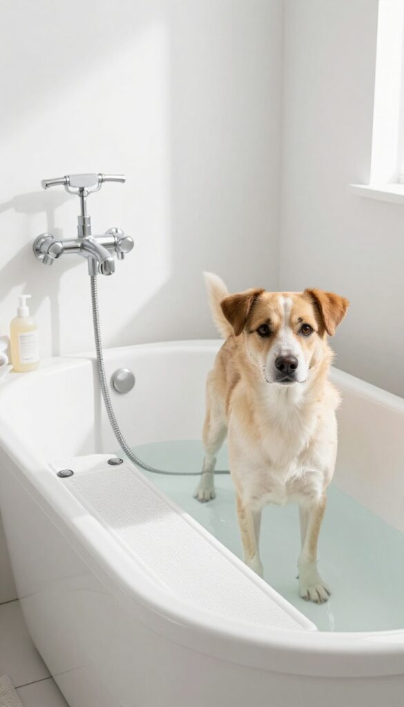 A dog standing on a suction cup ramp beside a bathtub with a handheld spray hose, demonstrating a bathtub conversion kit for easy dog washing.