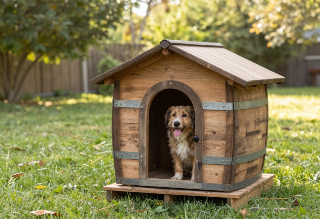 A rustic barrel dog house in a grassy backyard with a dog peeking out of the doorway.