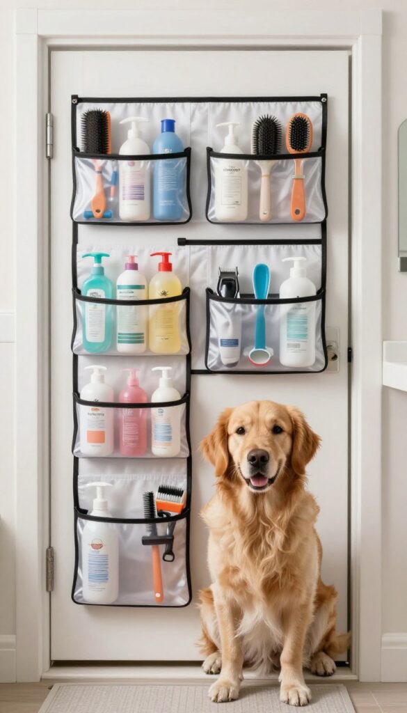 An over-the-door organizer for dog grooming tools hanging on a bathroom door, with a dog waiting patiently nearby in a clean, bright setting.