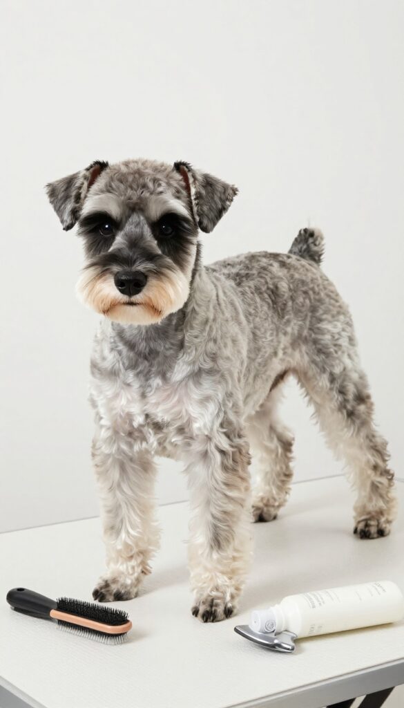 A well-groomed Schnauzer showcasing an elegant yet practical show-ready haircut in a bright, clean setting with grooming accessories.