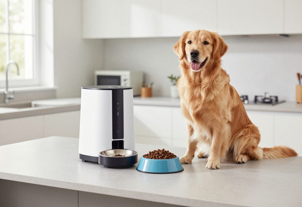 Golden retriever waiting by an automatic dog food dispenser in a bright, organized kitchen.