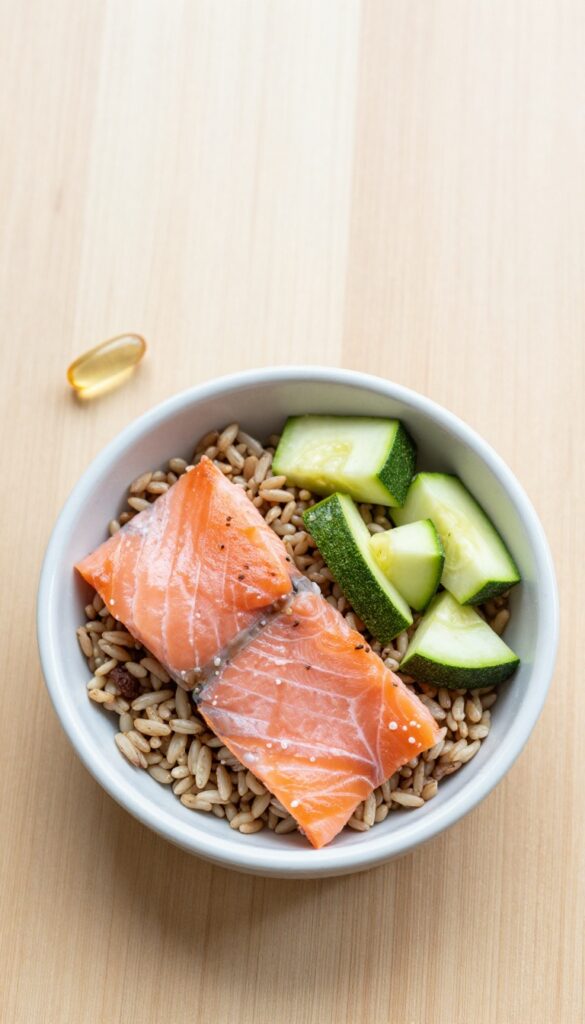 Homemade dog food bowl with salmon, brown rice, and zucchini on a wooden surface