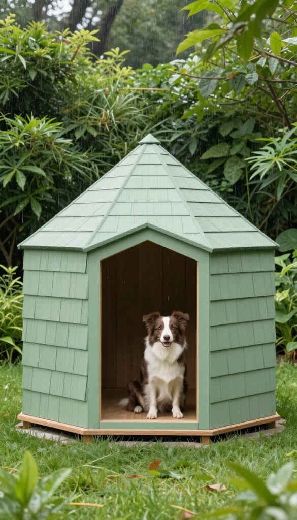 Modern geometric hexagonal dog house in sage green with a Border Collie inside, set in a bright sunny yard.