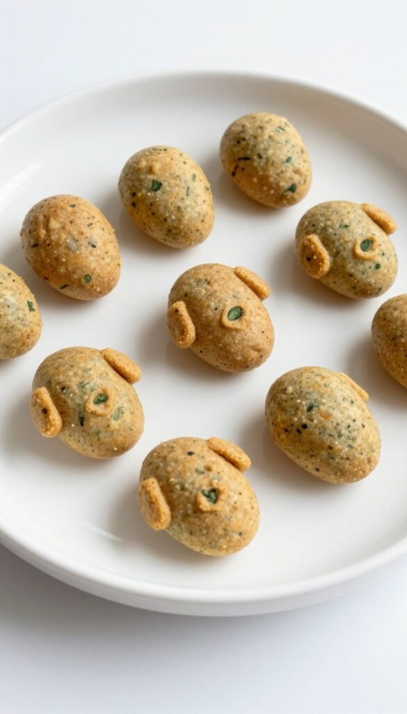 Homemade egg and spinach dog treats, soft and fluffy, on a plain white plate in natural light.