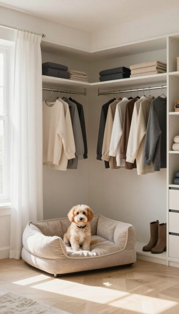 Cozy dog bed nook in a walk-in closet with curtain for privacy