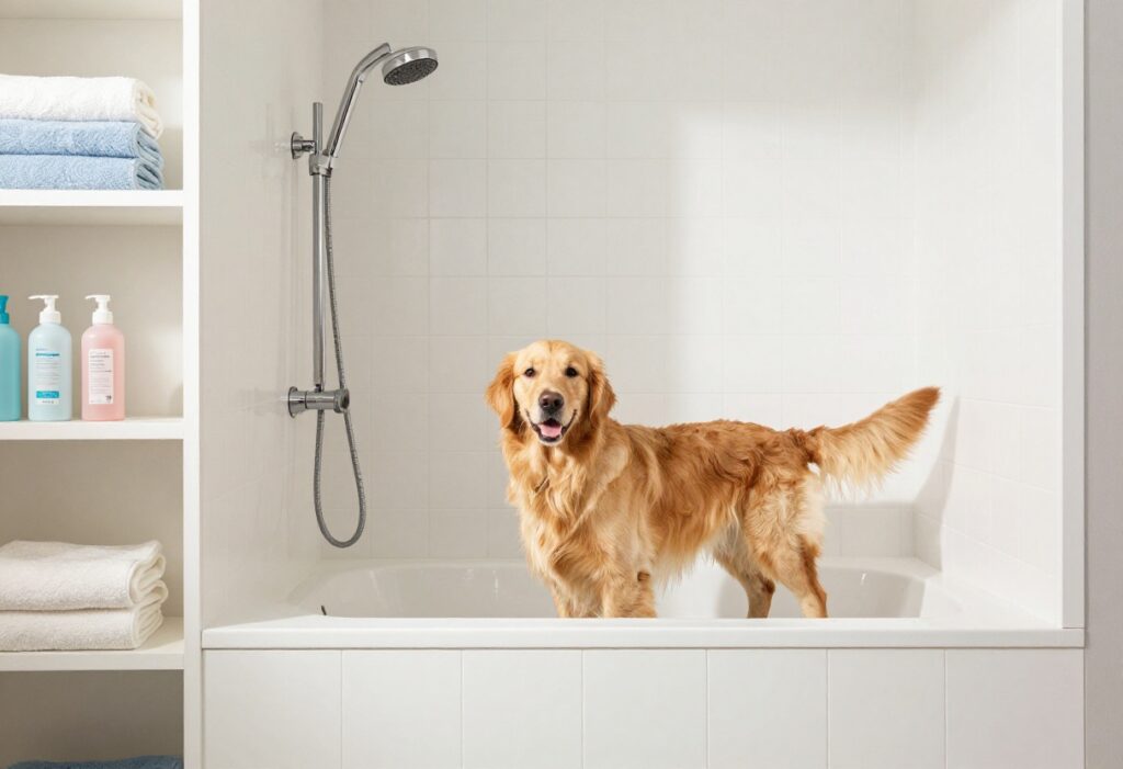 Dog standing in a tiled washing station with a handheld showerhead and storage shelves