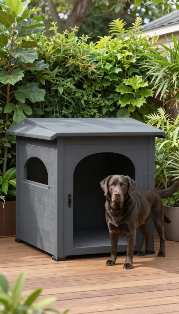 Modern charcoal gray dog house in a bright backyard with a Labrador Retriever nearby.