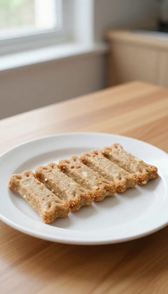 Homemade peanut butter apple dog training treats on a plain plate, ready for use during obedience sessions.