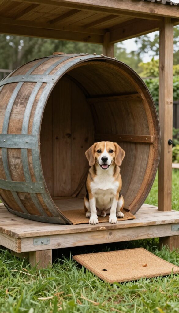 Rustic barrel dog house with small wooden porch in sunny backyard, Beagle sitting on deck