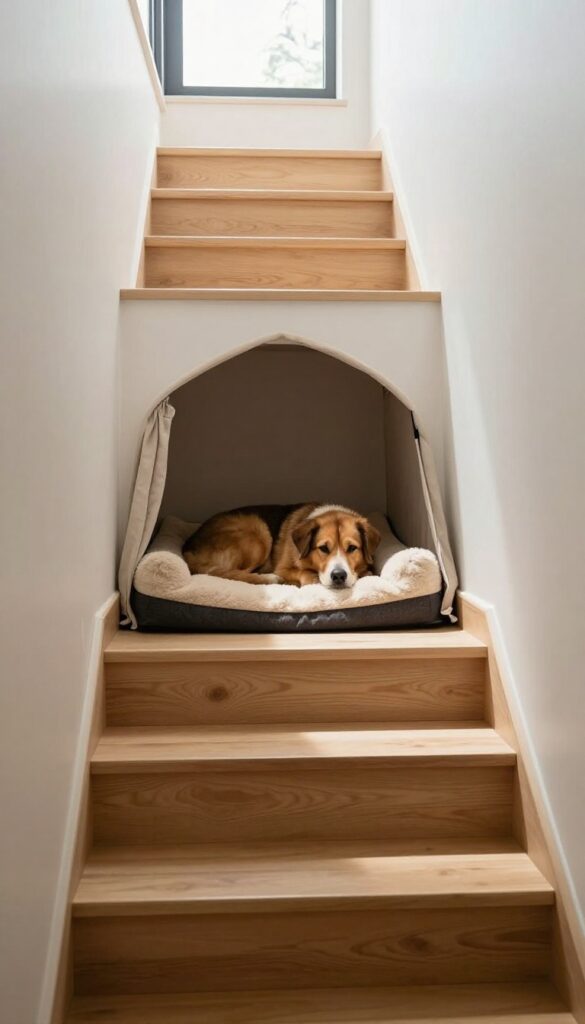 Built-in under-stairs dog den with cozy bed and dog resting inside