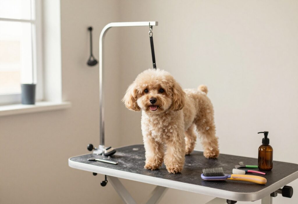 A small dog grooming station setup in a home corner with a dog being groomed on a compact table, showcasing organized tools and a cozy, practical space.