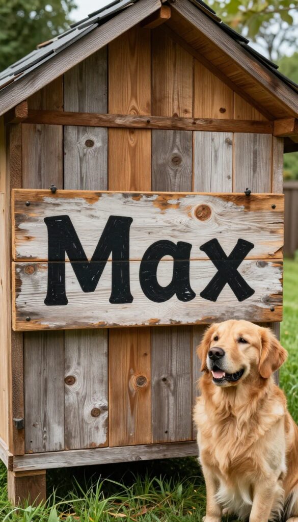 Rustic barn-style wooden dog house sign with black lettering on a distressed finish, mounted on a large dog house in a sunny backyard with a Golden Retriever nearby.