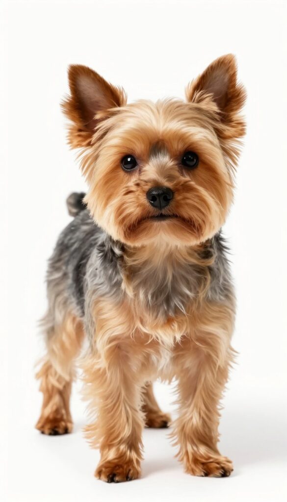 A Yorkshire Terrier with a layered haircut, demonstrating texture and volume in its coat, photographed in bright natural light for a dog grooming blog.