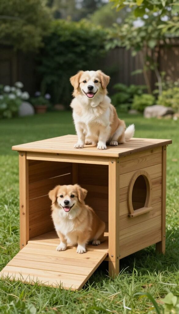 Two-story dog house with deck, dog sitting on upper deck