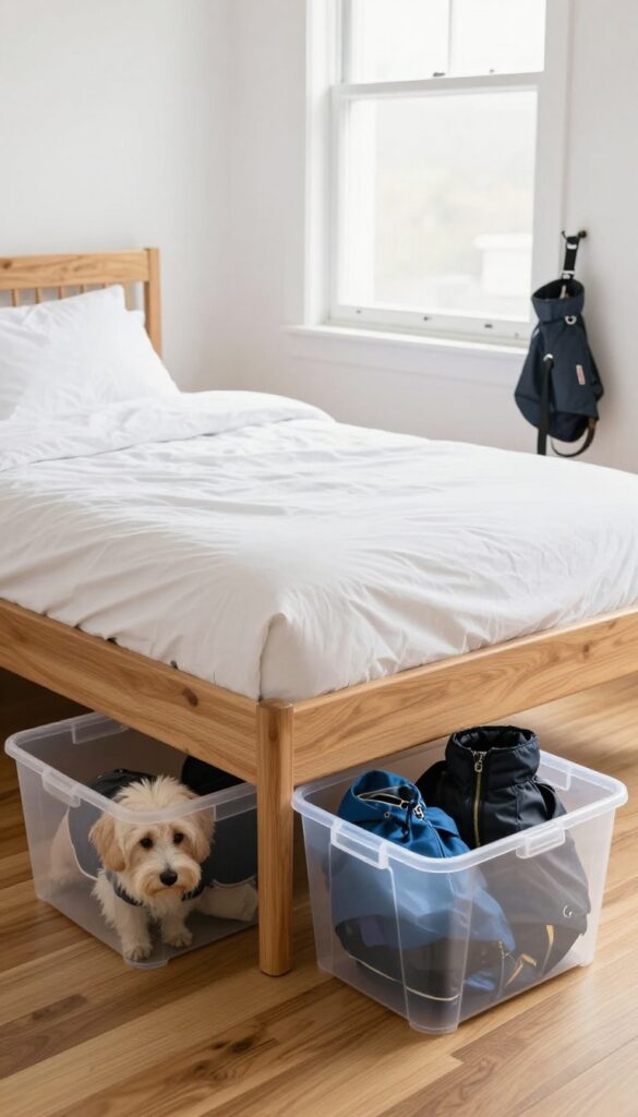 Under-bed storage bins holding seasonal dog gear like winter coats and rain jackets in a tidy bedroom, illustrating a space-saving storage solution for dog owners.