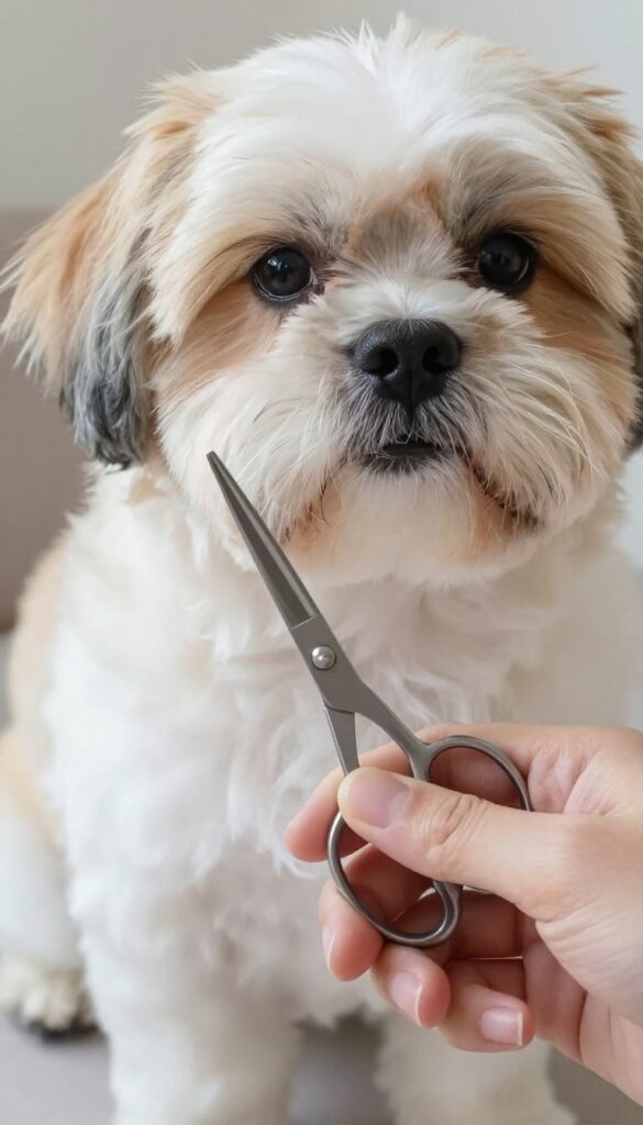 Close-up of small detail grooming scissors being used to trim delicate areas on a toy breed dog's paw or face in natural light