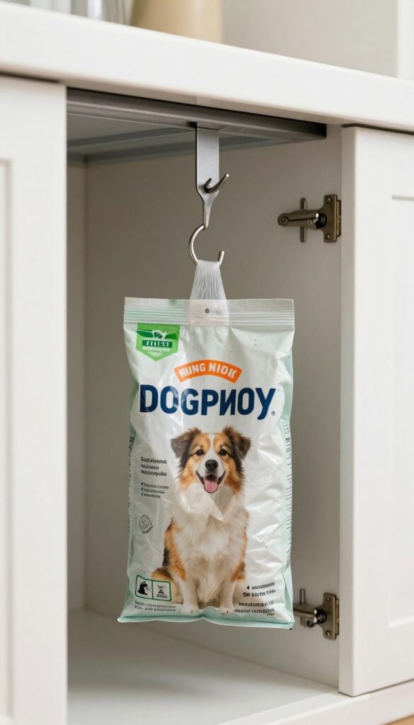 A dog food bag hanging on a hook inside a pantry door, demonstrating a neat storage solution to free up floor space and prevent mess.