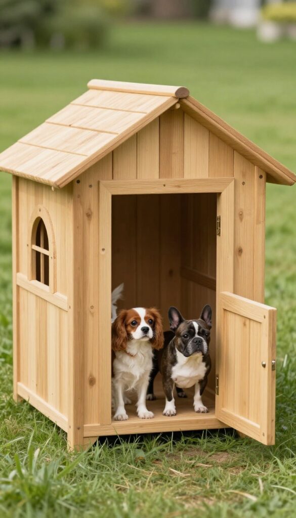 Two dogs entering an extra-wide classic dog house together in a sunny backyard.