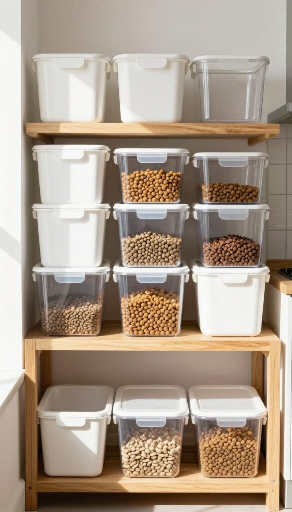 Stackable storage bins filled with dog food in a bright kitchen pantry, showcasing an organized and space-saving solution for pet owners.