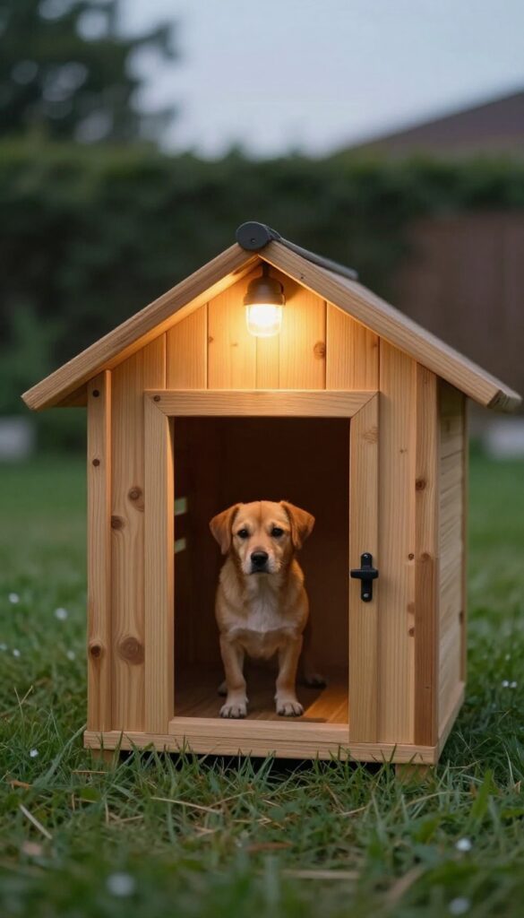 Dog house with solar-powered light glowing warmly at dusk