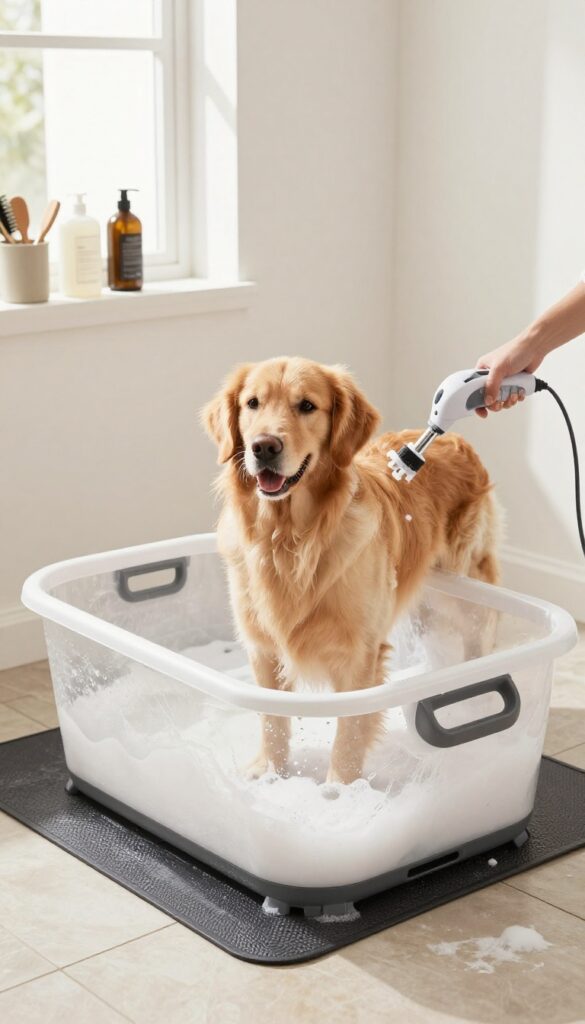 Dog standing in a portable grooming tub in a bright corner of a home, with supplies organized on the wall.