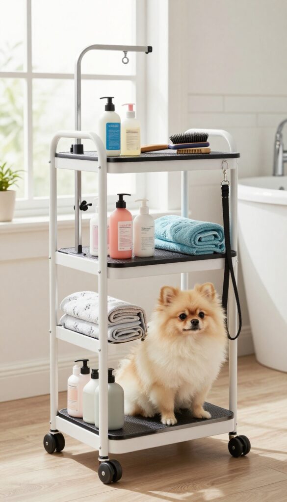 A mobile grooming cart stocked with dog grooming supplies in a bright apartment, with a small fluffy dog nearby, illustrating space-saving pet care for apartments.